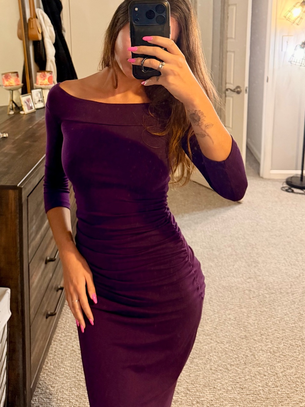 Susana Monaco Off-Shoulder Midi Dress in Deep Plum